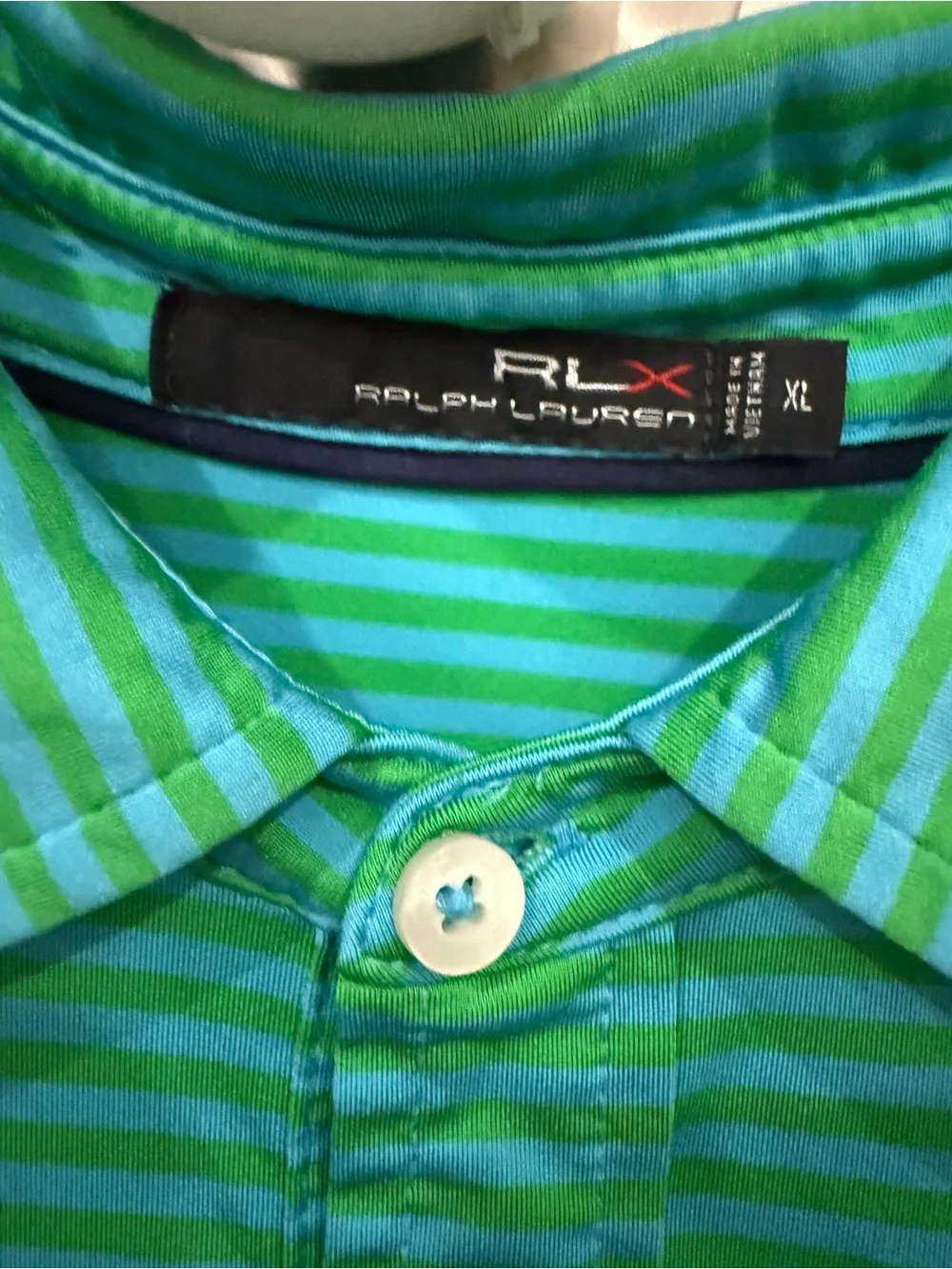 RLX Ralph Lauren Men’s XL Golf Polo Green Blue Stripe Union Jack Crossed Flags